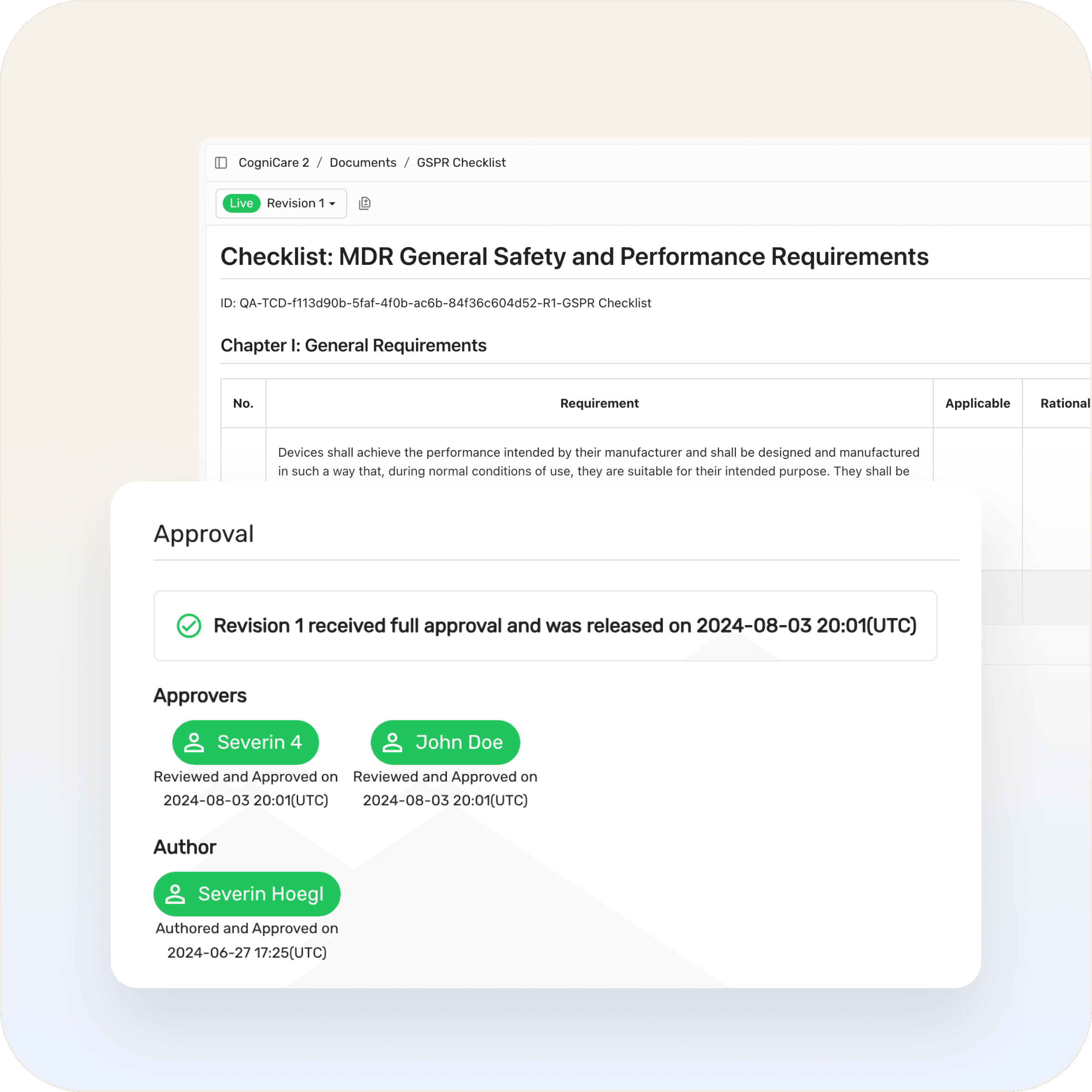 Dovetail QMS Plus showing a live GSPR checklist and released approval record.